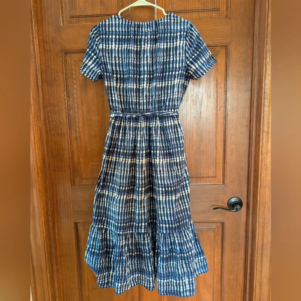 J Crew Factory Tie Dye Blue White Tiered Midi Dress 100% Cotton Pocket Sz 6 Belt - Picture 5 of 16